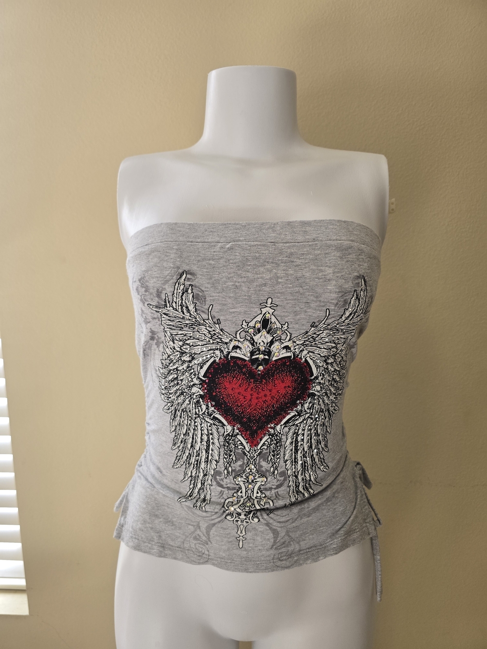 Grey Strapless Tube Top with Winged Heart Graphic